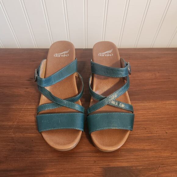 Dansko Womens Size 7.5/38 Man Made Leather Teal Open Toe Chunky Heel Sandals New - Picture 2 of 10